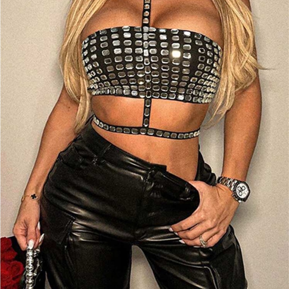 SHEIN Black and Silver Studded Crop Top
